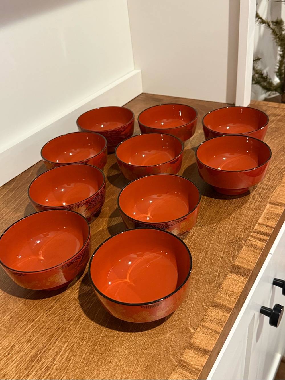 Set of 10 Red Lacquered Serving/Miso Bowls